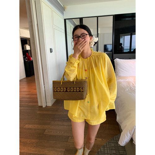 落落狷介黄色桑蚕丝混纺套装裤女