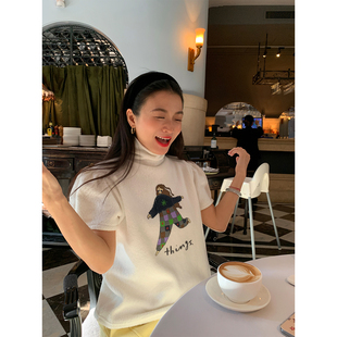 落落狷介 白色短袖印花T恤女泡泡袖2026年新款设计感小众早春上衣