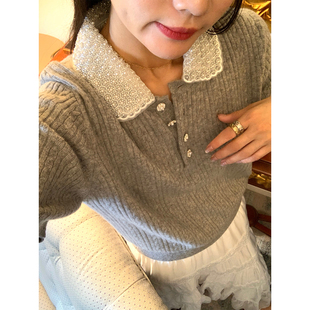 落落狷介 绵羊毛上衣POLO领毛线衣套头女 毛衣慵懒高级感灰色短袖