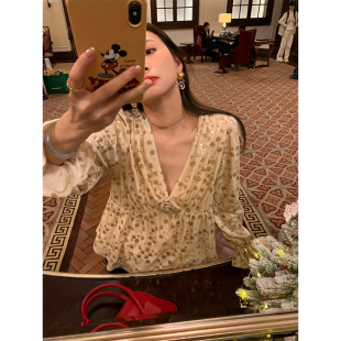 上衣小个子泡泡袖 落落狷介 2025年新款 V领珠片设计感小众衬衫 长袖