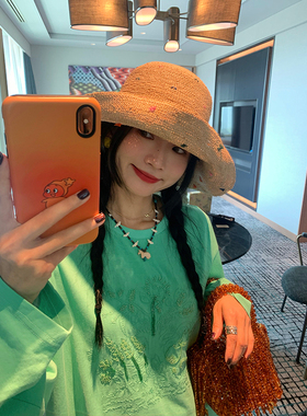 落落狷介 t恤女2025新款绿色长袖上衣小个子宽松刺绣设计感可外穿