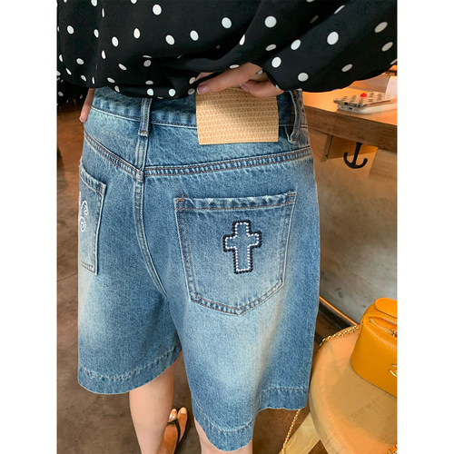 落落狷介刺绣牛仔五分裤女