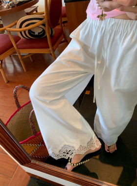 落落狷介白色亚麻裤子女夏薄款2026新款刺绣镂空阔腿裤松紧腰棉麻