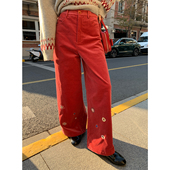 落落狷介裤 高腰宽松休闲裤 子女2025新款 冬小个子灯芯绒刺绣阔腿裤