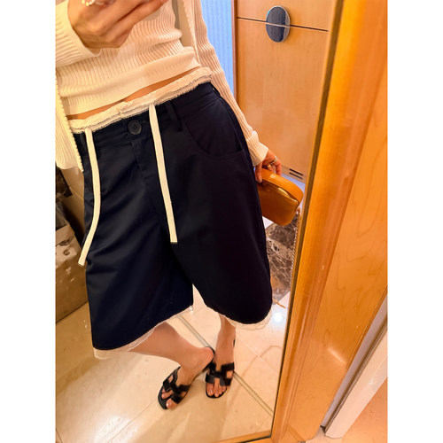 落落狷介藏青色系带五分裤女