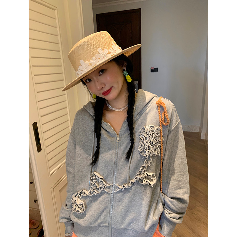 落落狷介 卫衣女2025新款灰色连帽小个子开衫外套设计感小众宽松