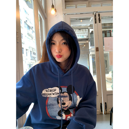 落落狷介宽松连帽加绒卫衣女