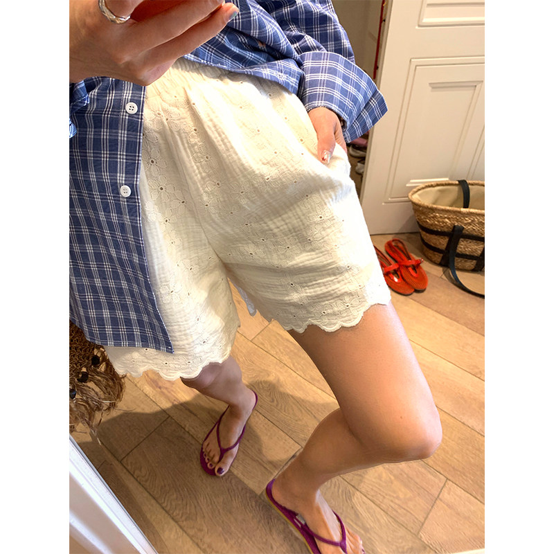 落落狷介 白色阔腿休闲裤女2025年新款春夏小个子松紧腰短裤刺绣,女装/女士精品,休闲裤,淘宝优惠券,粉丝福利购,淘宝优惠卷