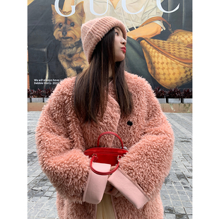 落落狷介皮毛一体外套女2025新款 粉色小个子宽松毛毛外套环保皮草