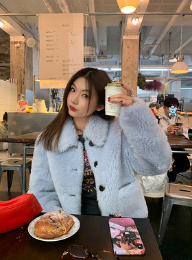 落落狷介 毛毛外套秋冬2025新款小个子短款皮草蓝色保暖外套显瘦