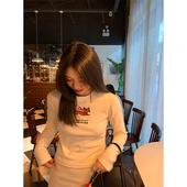 长袖 打底衫 女2025新款 落落狷介 秋冬修身 上衣刺绣小个子T恤内搭