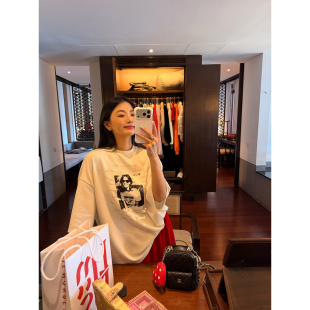 宽松T恤女白色印花小个子上衣早春设计感 五分袖 落落狷介 2026新款