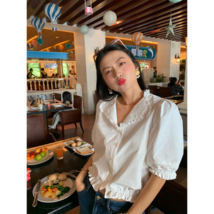 法式 设计感泡泡袖 小资小上衣白色短袖 女2025年新款 衬衫 落落狷介