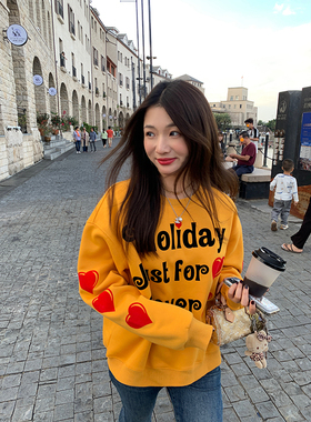 落落狷介卫衣女秋冬橙黄色加绒保暖套头外套2025年新款小个子宽松