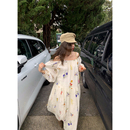 落落狷介长袖 一字肩超好看连衣裙女米白色苎麻碎花宽松裙子小个子