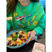 oversize外套小个子套头短款 落落狷介 绿色印花卫衣女春秋款 小众