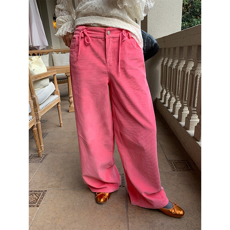 落落狷介 裤子女2024新款秋冬设计感粉色灯芯绒阔腿裤小个子系带,女装/女士精品,休闲裤,淘宝优惠券,粉丝福利购,淘宝优惠卷