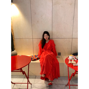 设计感荷叶边长裙长袖 落落狷介春季 穿搭红色波点连衣裙女2026新款