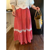 落落狷介半身裙女2025新款 设计感小众蕾丝拼接A字裙印花半身长裙