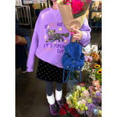 落落狷介 紫色卫衣女2025新款 加厚印花加绒无帽圆领套头外套宽松