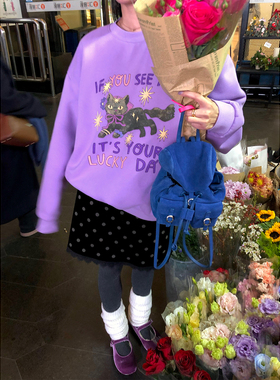 落落狷介 紫色卫衣女2025新款加厚印花加绒无帽圆领套头外套宽松