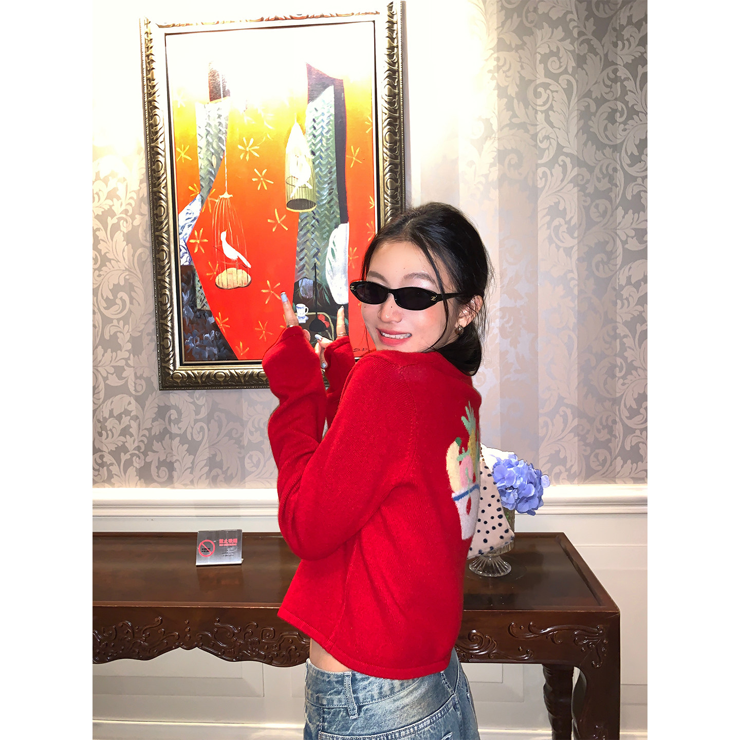 落落狷介红色开衫毛衣女全羊毛