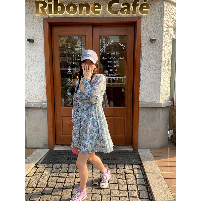 落落狷介雪纺连衣裙2025新款女设计感小众方领长袖碎花裙春季女装