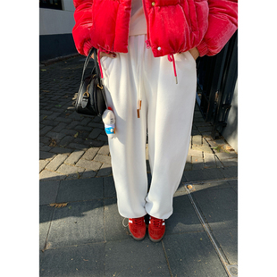 束脚裤 落落狷介 春秋松紧腰系带卫裤 女2024新款 小个子 白色运动裤