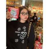 落落狷介黑色印花卫衣加绒加厚女冬季 套头圆领上衣设计感小众外套