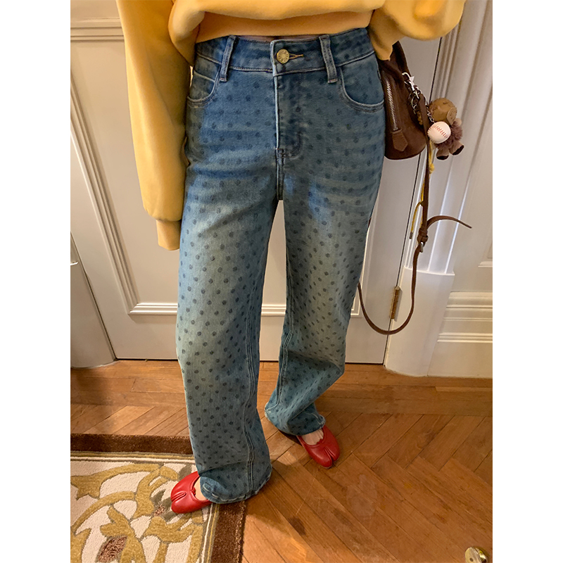 落落狷介印花冬季阔腿牛仔裤女