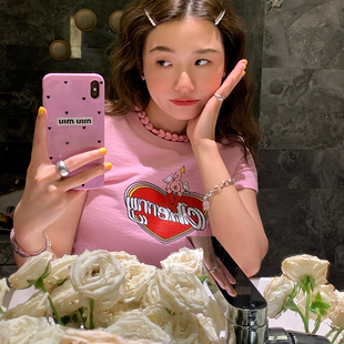 设计感小众修身 落落狷介 上衣2025年新款 T恤女夏季 粉色体恤 短袖