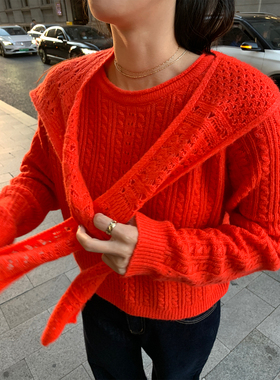落落狷介 毛衣可外穿内搭2025新款红色两件套毛线衣+披肩小个子