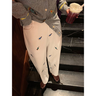 小个子高腰裤 女2025新款 子早秋百搭 白色印花宽松萝卜裤 落落狷介