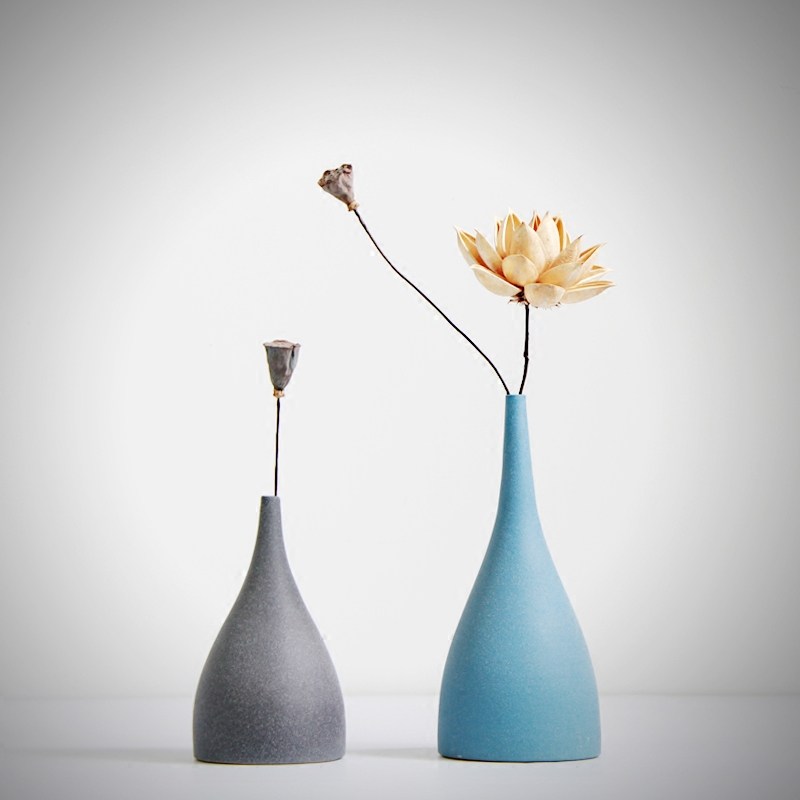 禅意蓝色小花瓶手工陶瓷花器干花花插简约现代客厅装饰品餐桌花瓶