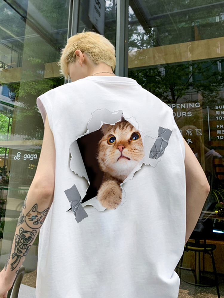 设计破洞猫背心男美式坎肩t恤