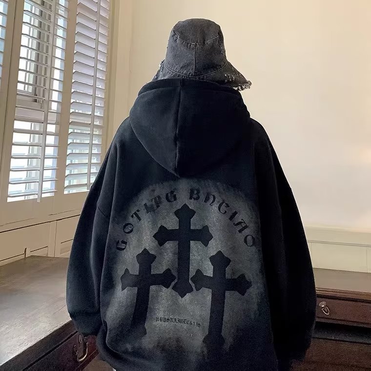 美式复古连帽卫衣男秋冬季潮牌加绒痞帅设计感上衣十字架黑色外套