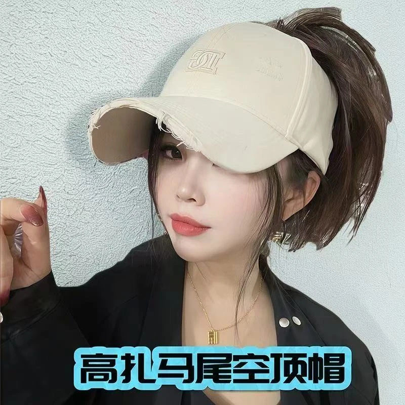 宽檐加大版空顶帽子可扎高马尾棒球帽女遮阳防晒运动鸭舌帽显脸小