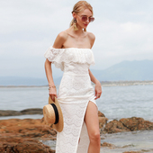 蕾丝礼服女夏白色法式 正式 场合端庄一字肩连衣裙海边度假露肩长裙