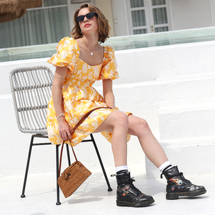 夏日女孩多巴胺甜美风梨形身材穿搭奶油黄裙子泡泡袖 连衣裙公主裙