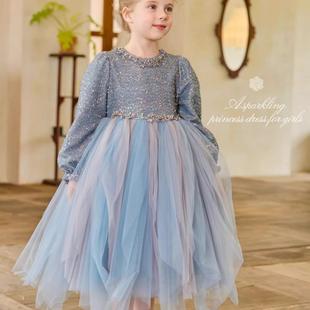 秋冬季新款高定重工在逃公主礼服裙女童连衣裙生日表演艾莎公主裙