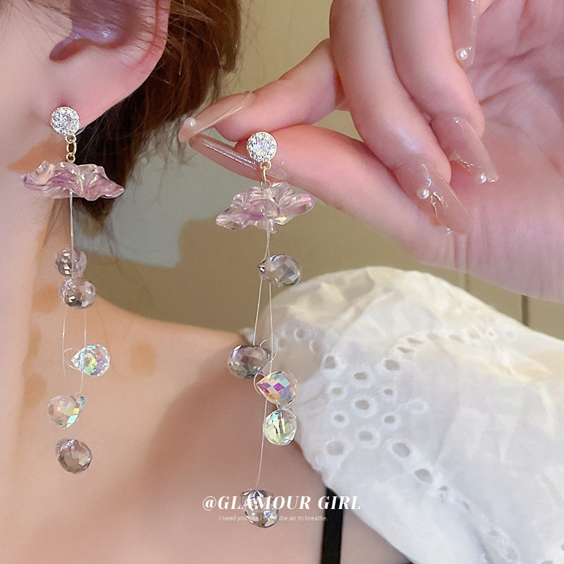 闪耀银针韩国ins风镶钻人造水晶款耳环清新甜美花朵流苏耳坠小众