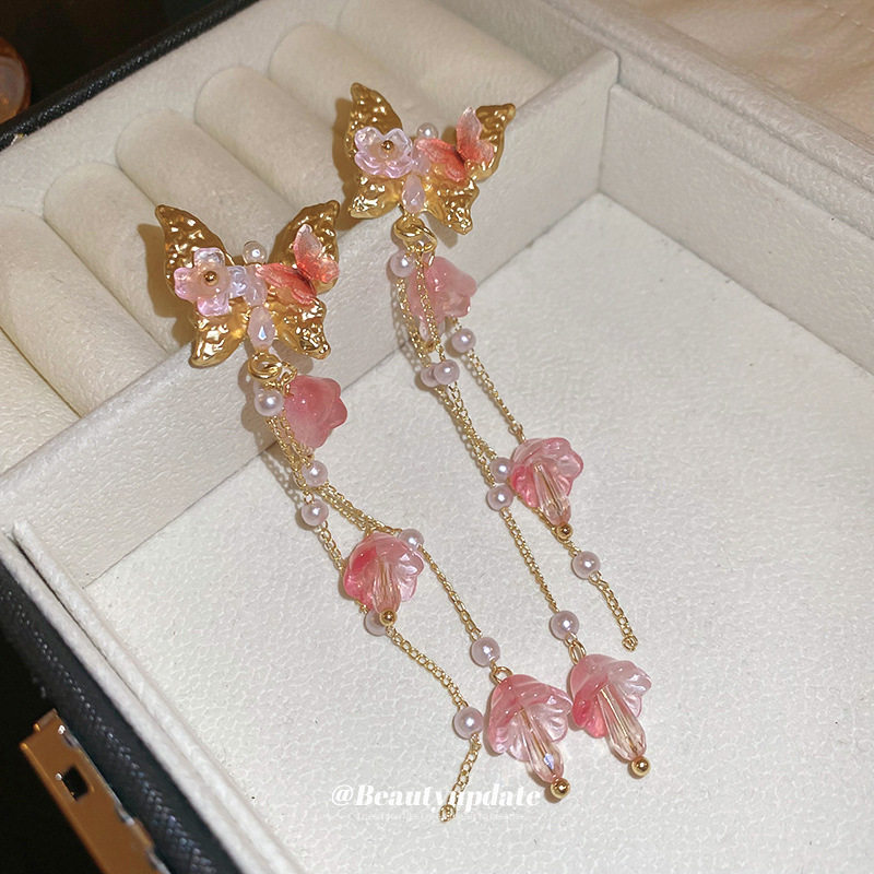 闪耀银针蝴蝶花朵水晶款流苏耳环韩国甜美长款耳坠时尚轻奢气质