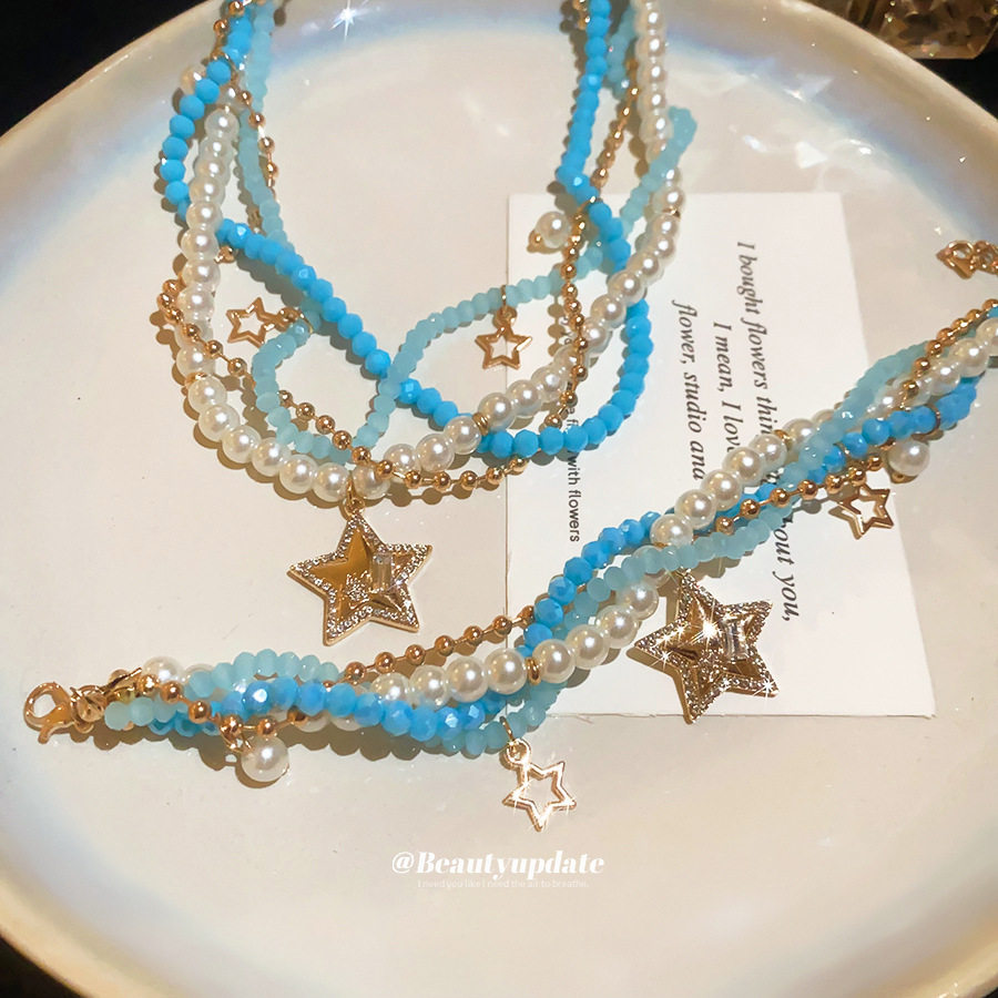 闪耀多层缠绕镶钻星星珍珠水晶缠绕项链手链套装度假风小众设计感