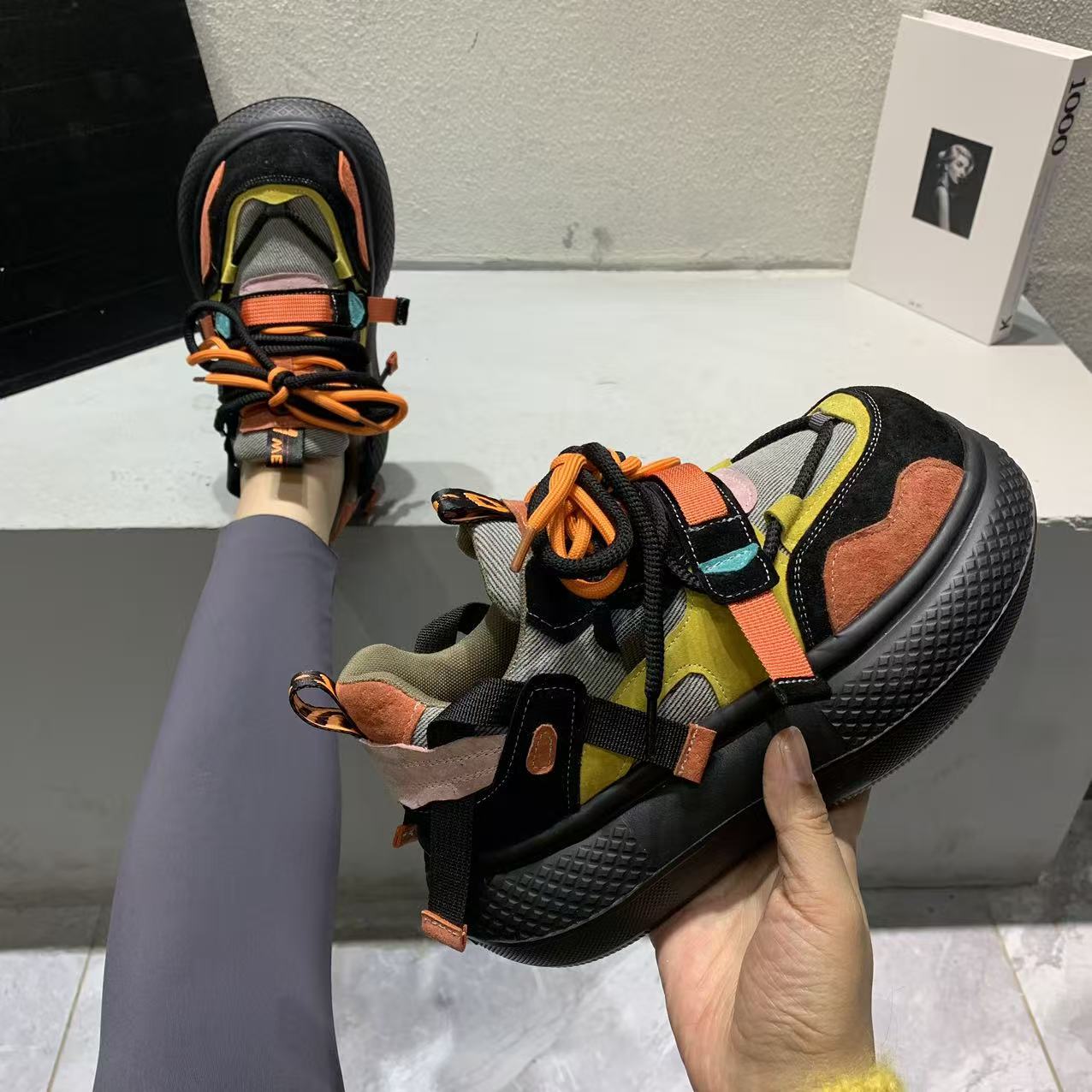 欧货磨砂真皮大头丑萌面包鞋女系带厚底松糕德训鞋加绒保暖勃肯鞋