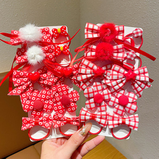 女童新年发夹皮筋套装儿童红色发饰中国风毛球发卡小女孩过年头饰