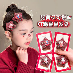 新年红色儿童五角星星发夹卡通格纹侧边夹女童碎发卡头饰过年夹子