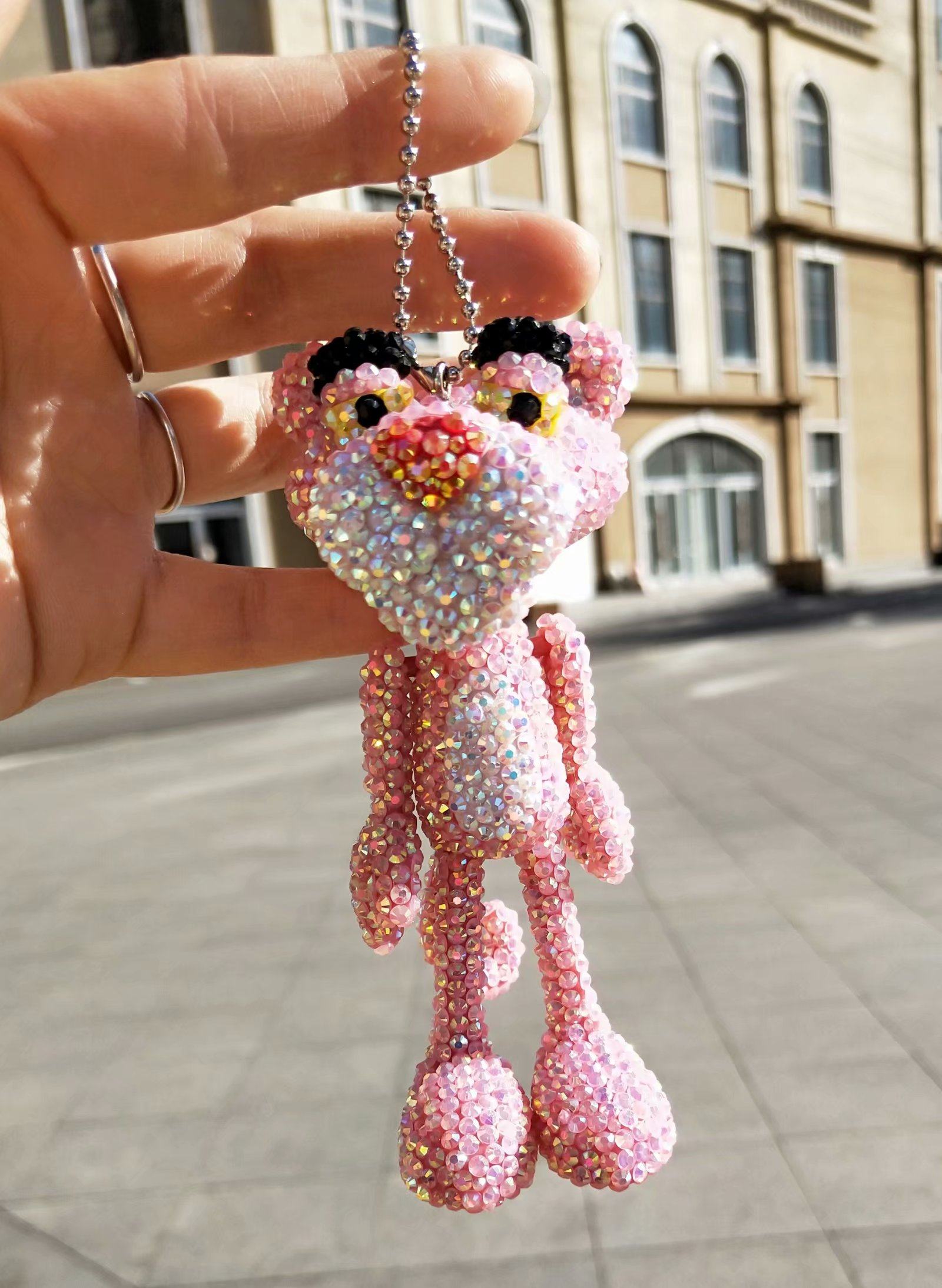 包邮镶钻粉红豹钥匙扣 顽皮豹 汽车摆件 挂件 钥匙扣 包挂 粘贴钻