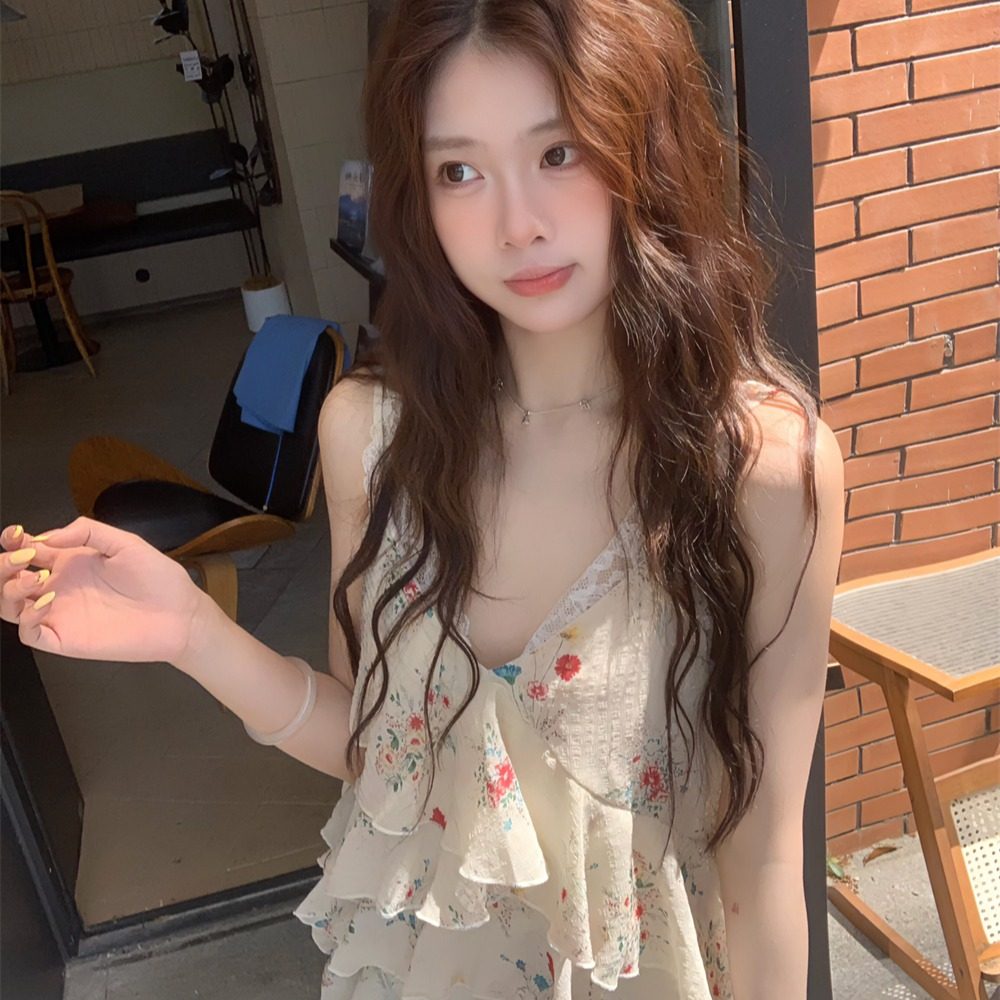 Moli自制夏季通勤荷叶花边吊带背心不规则设计感碎花纯欲小上衣女