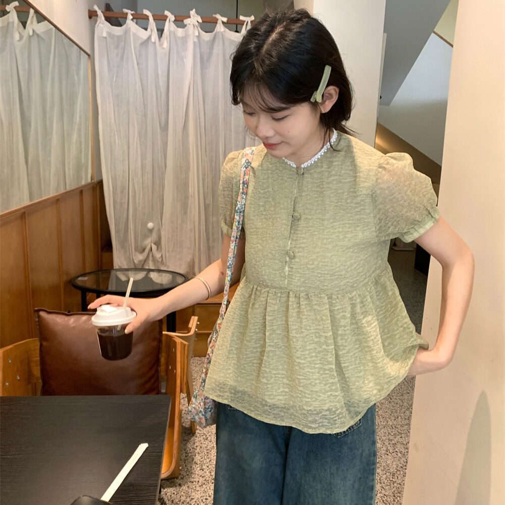 Moli自制高端古典新中式印花绿色清新娃娃衫小众雪纺短袖上衣女