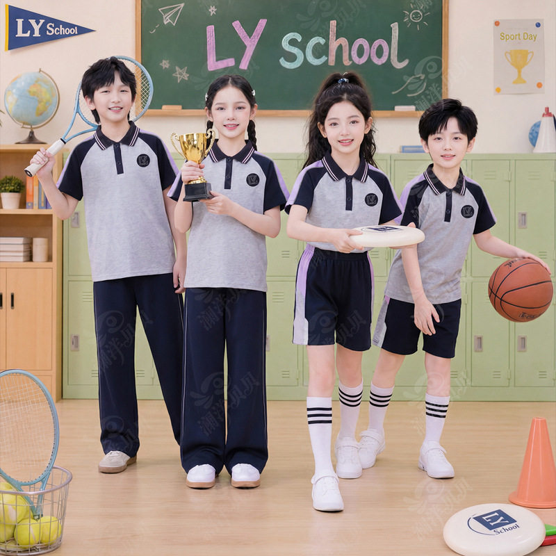 澜洋贝贝厂家团购沈阳市小学生第一款夏季校服统一短袖套装SY01